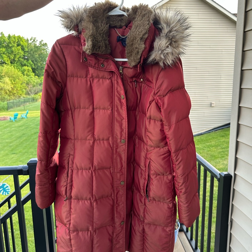 Lands' End Red Puffer Jacket with Faux Fur Hood